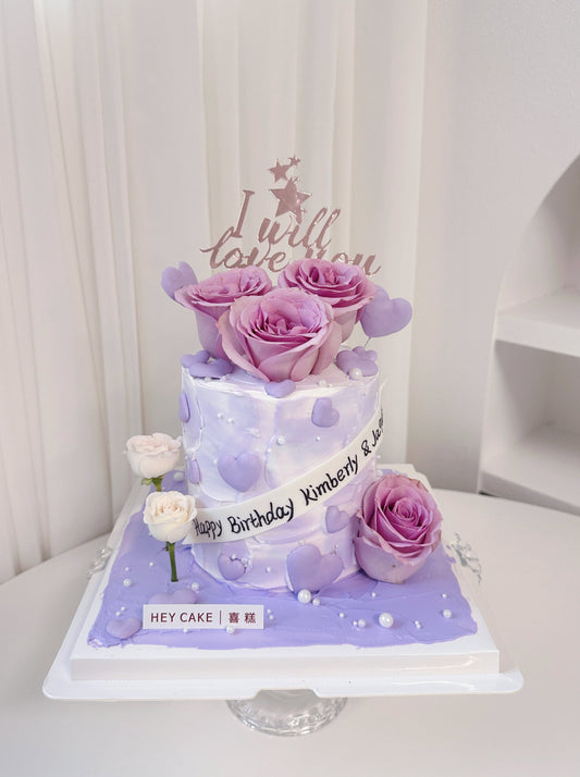 Love U 紫色愛心鮮花蛋糕 (已包含圖中祝福牌不需另外加購)