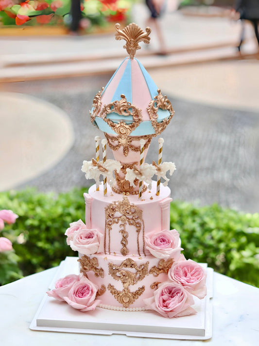 雙層夢幻木馬翻糖鮮花蛋糕