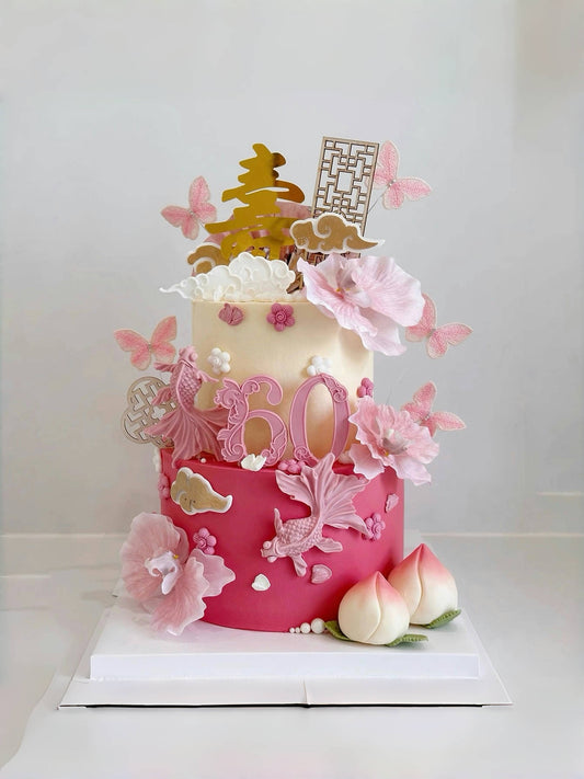 雙層桃紅色主題賀壽鮮花蛋糕