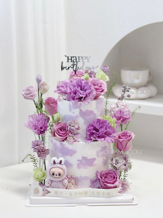 Labubu雙層紫色鮮花蛋糕
