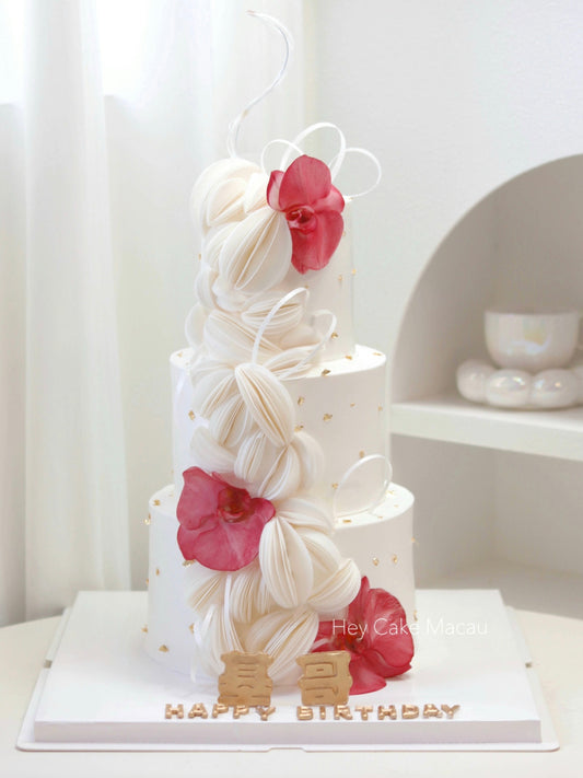 三層輕奢蝴蝶蘭鮮花蛋糕