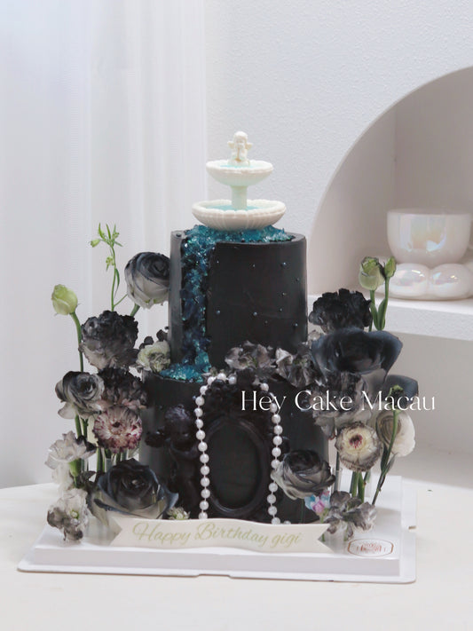 暗黑系雙層許願池鮮花蛋糕
