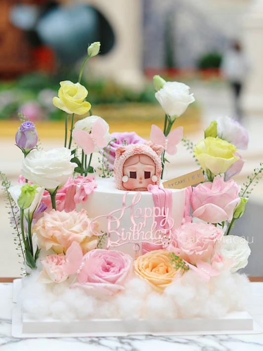 翻糖Cry baby 粉紅貓貓鮮花花園蛋糕